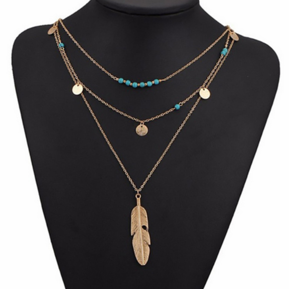 🍒 TEAL Layered Feather Sequin Necklace - Picture 2 of 5